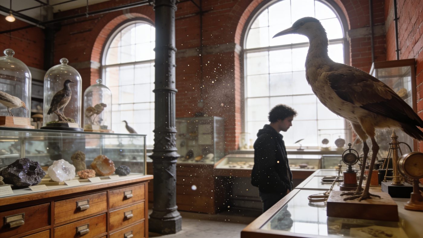 Cabinet de curiosités installé dans un bâtiment de brique de Brooklyn, cloches de verre et tiroirs à spécimens