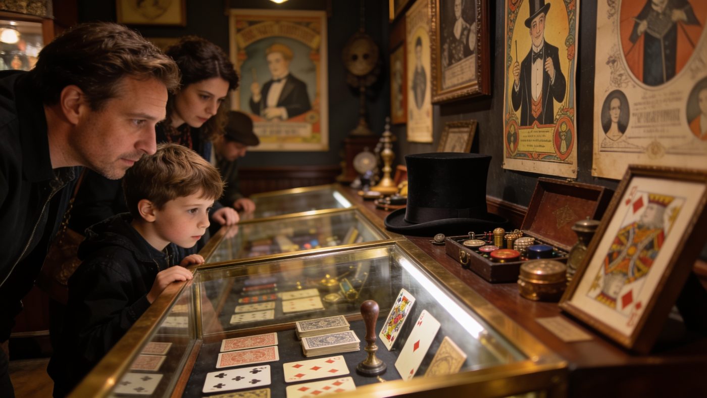 Vitrines en bois et laiton d'un musée de la magie, cartes anciennes et accessoires de prestidigitation